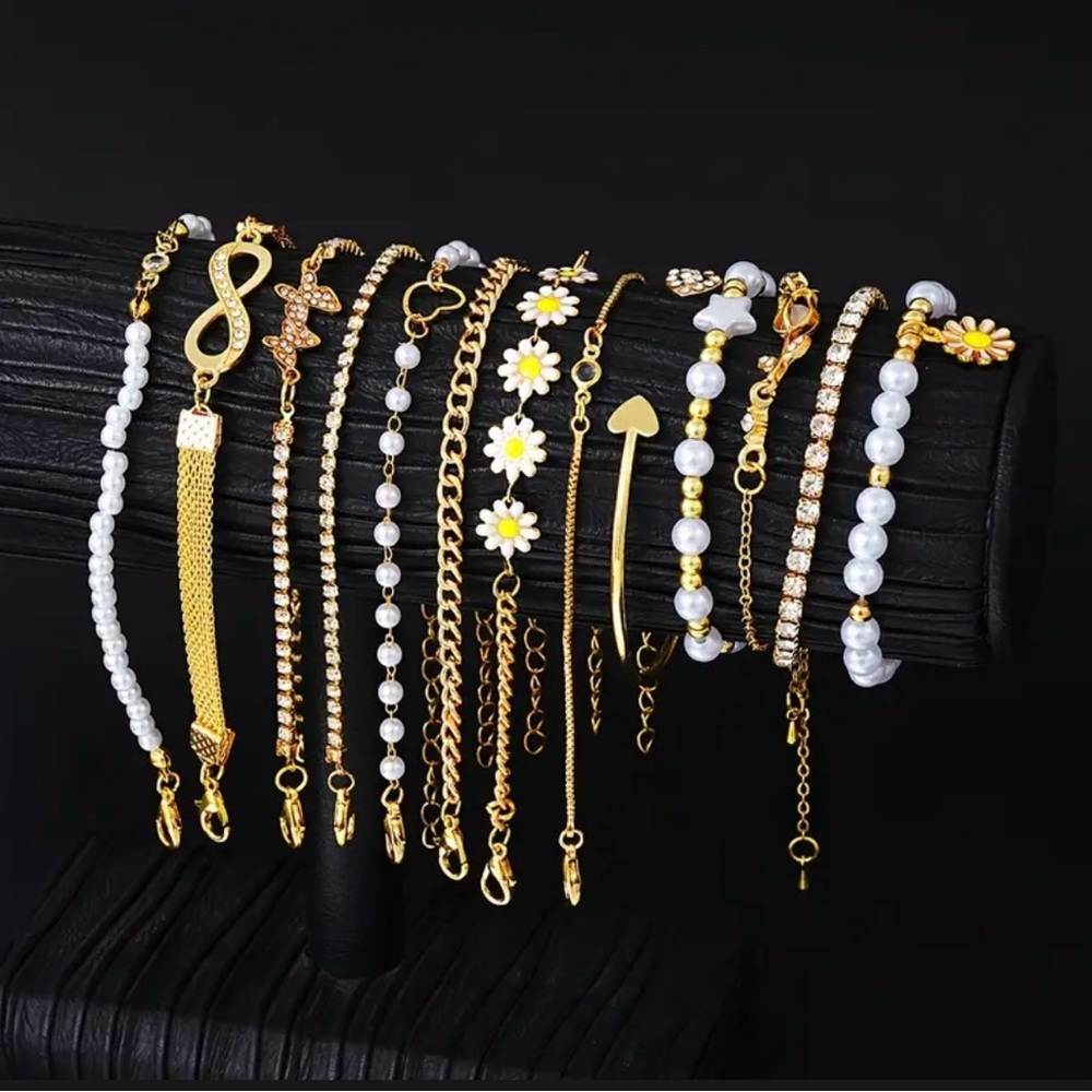 Bohemian Gold Charm Bracelet Stack • Pear Beads, Infinity, Daisy Star • 13 Piece - Picture 3 of 4